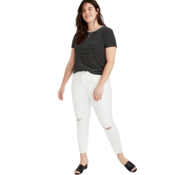 Madewell 9" High Rise Skinny Crop Jeans Pure White Ripped Womens Size 37 Size 14 - Picture 1 of 14
